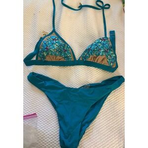 Beach Bunny Bikini Set rare vintage Floral Applique Teal Blue Swimsuit Bottoms L